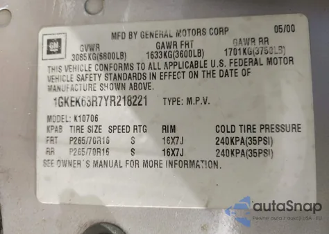 2000 GMC Yukon Denali z USA, uszkodzony, nr VIN 1GKEK63R7YR218221